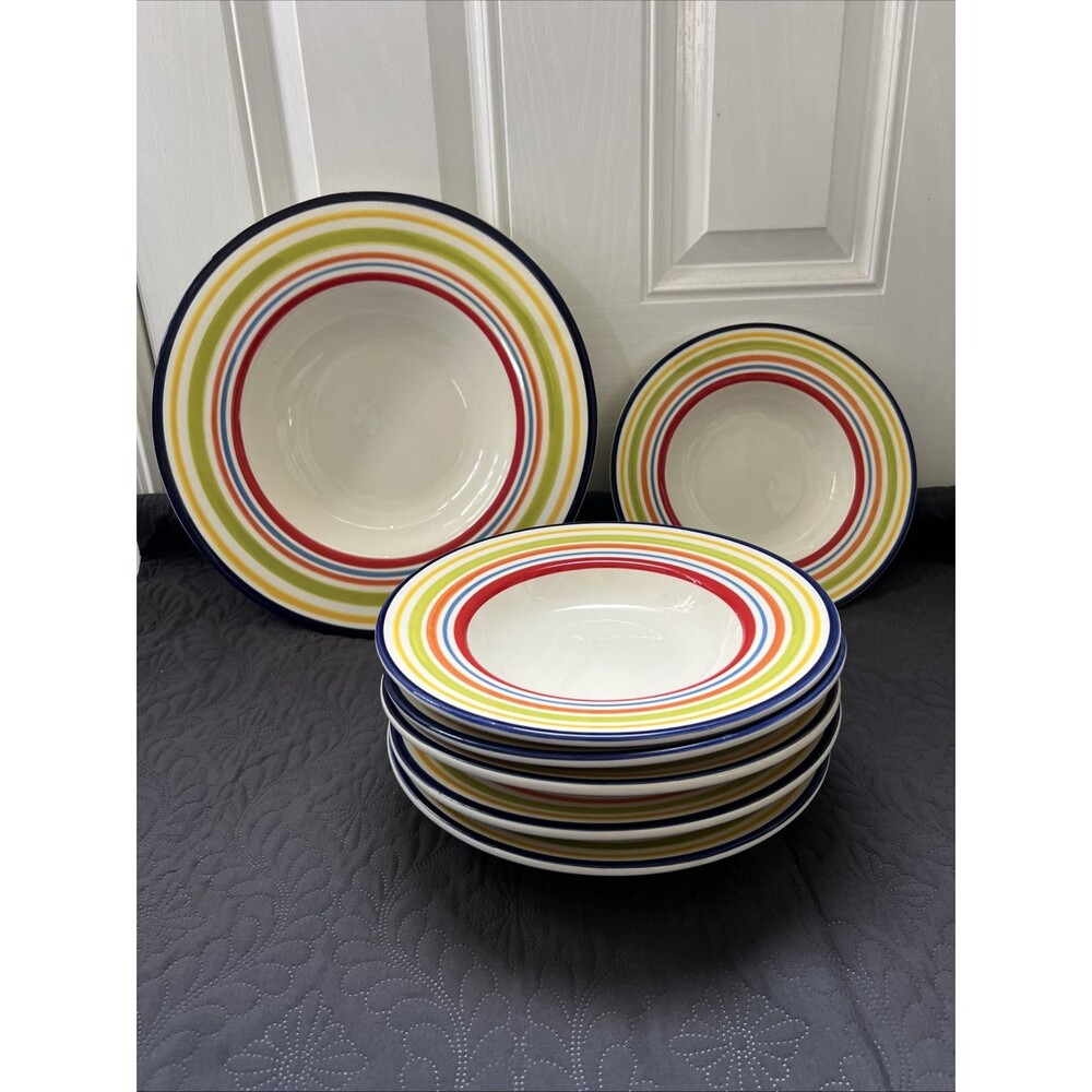7pc Certified International Pasta Serving Set CIC 164 Multicolored Bands on Rim